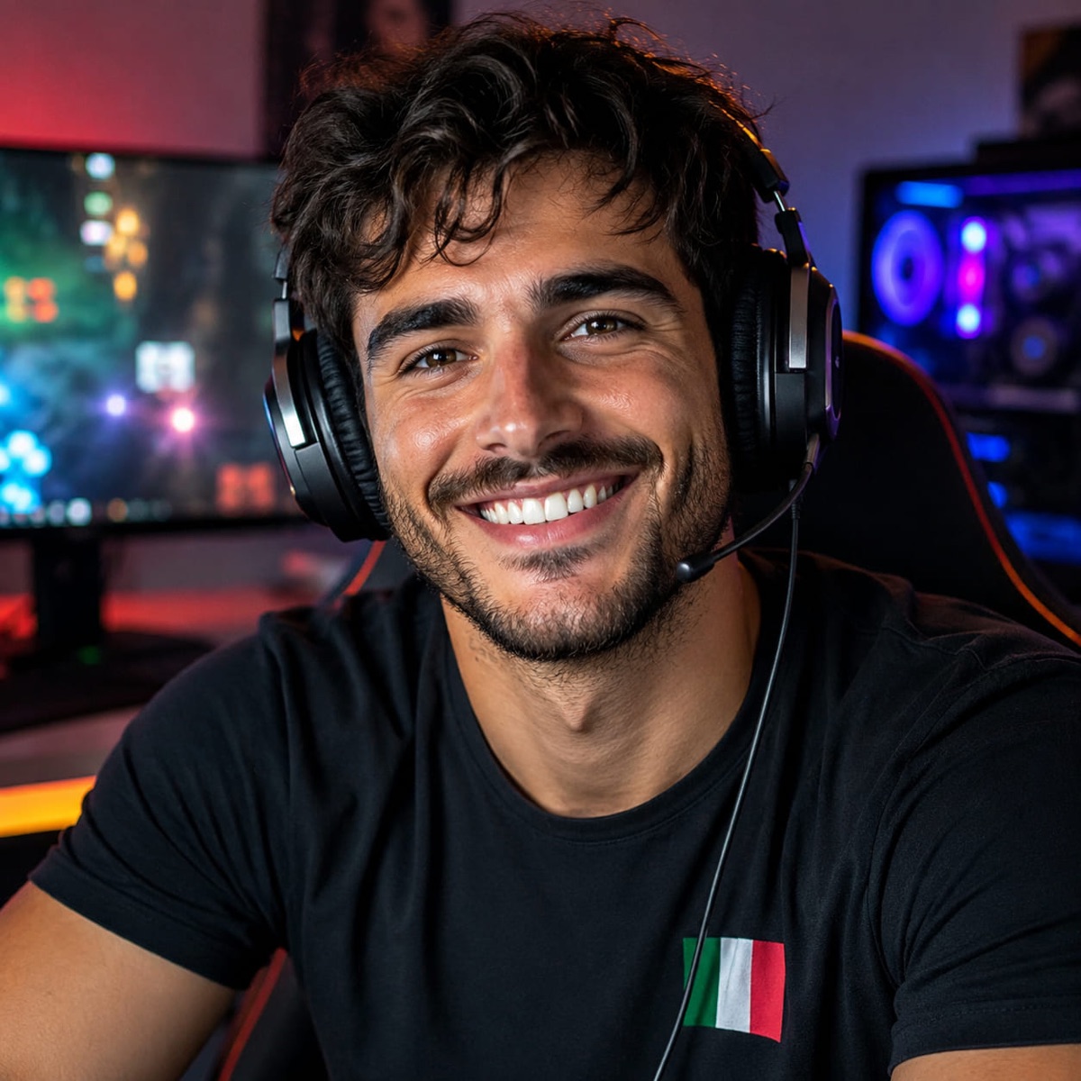 Tommaso Vergani con le cuffie da gaming davanti al suo PC
